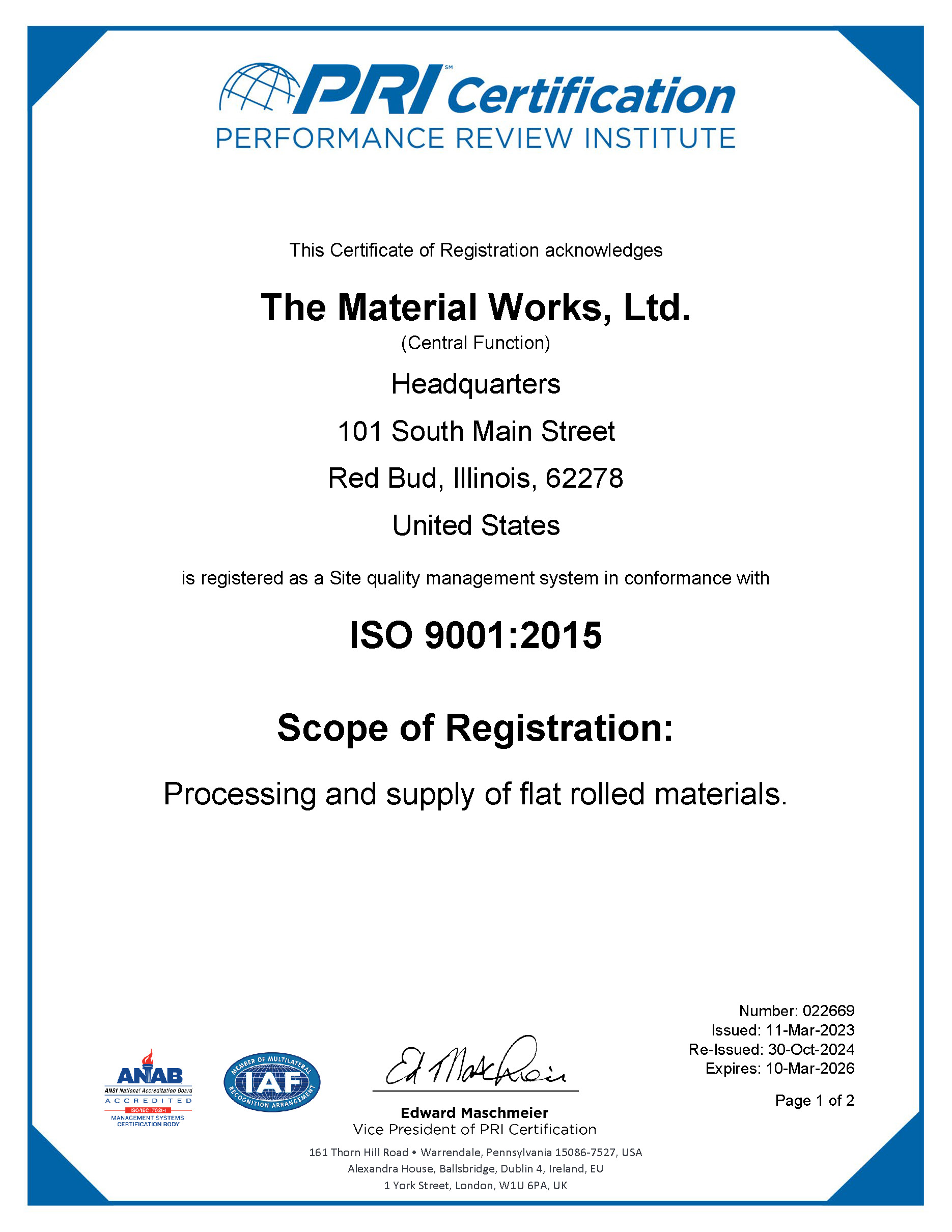 TMW's ISO 9001:2015 registraton Certificate