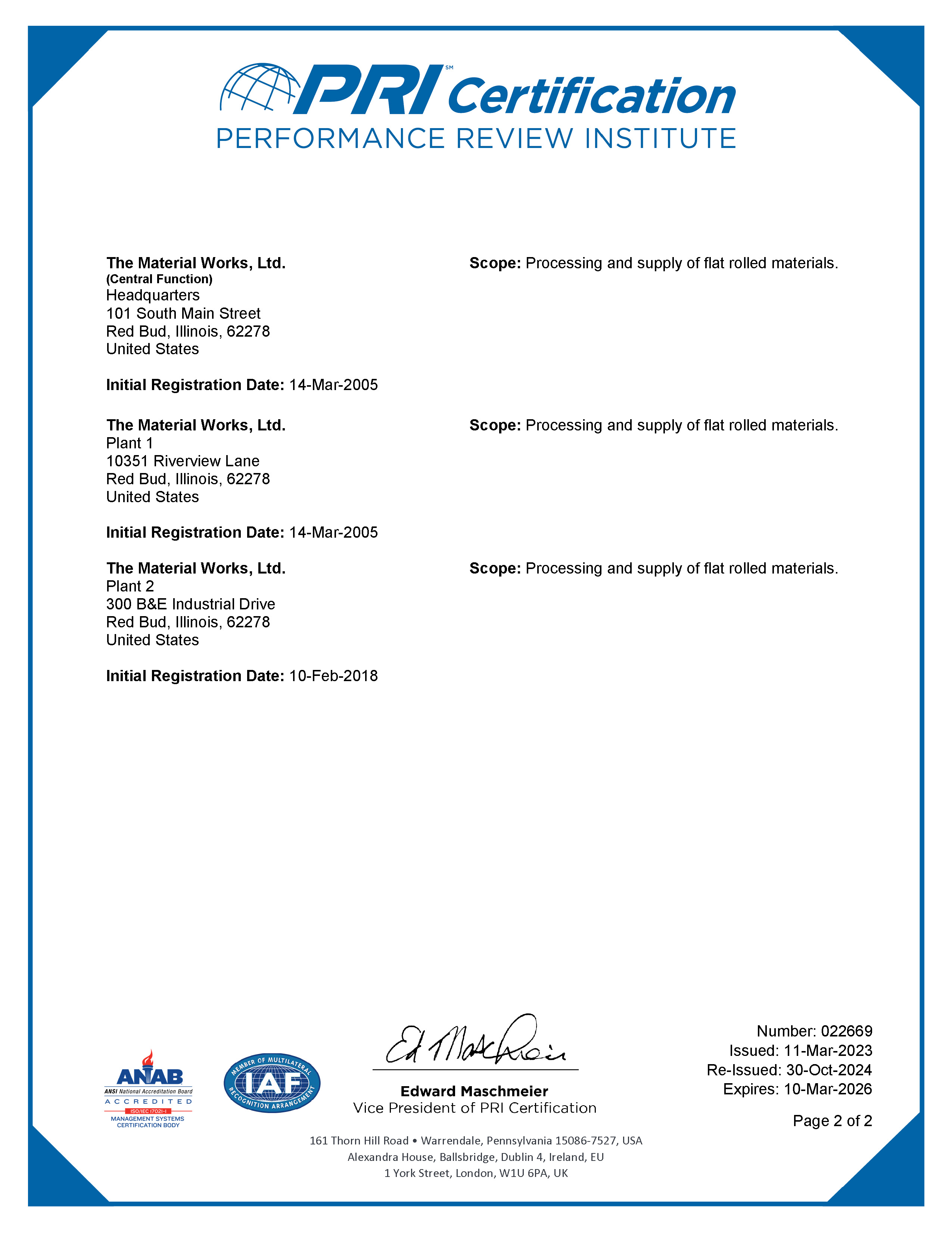 TMW's ISO 9001:2015 registraton Certificate